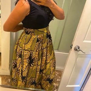 African Print Maxi Gathered Elastic Waist Flared Skirt - Yellow Print size L XL